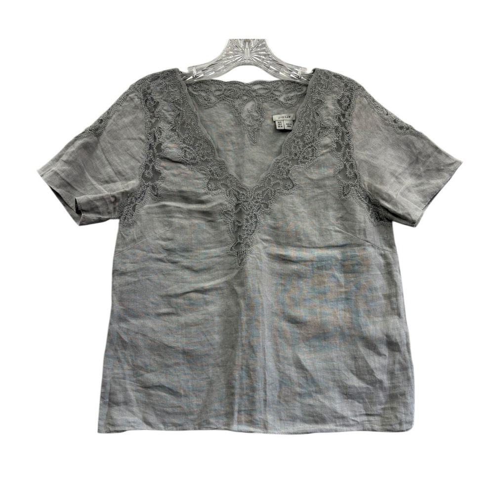 Jigsaw Gray Linen Blend Blouse Lace Trim Boho Minimalist‎ Short Sleeve Top 4